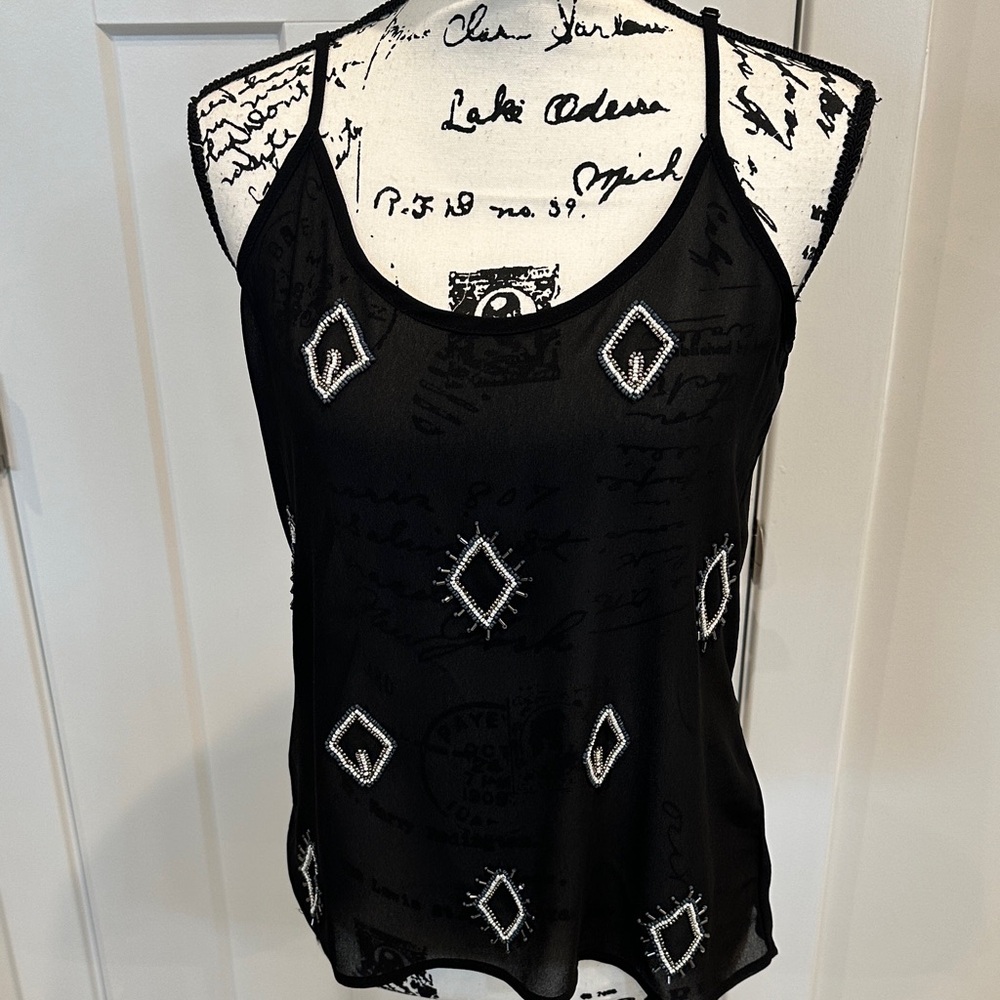 2/$13 SHEER Black Beaded Diamond-Accent Sleeveless Top ADJUSTABLE STRAPS.XS